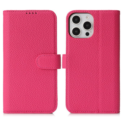 For iPhone 15 Pro Stand Case Litchi Texture Genuine Cow Leather Wallet Phone Cover RFID Blocking