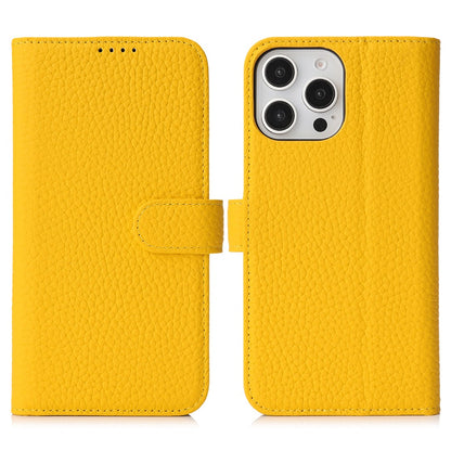 For iPhone 15 Pro Stand Case Litchi Texture Genuine Cow Leather Wallet Phone Cover RFID Blocking