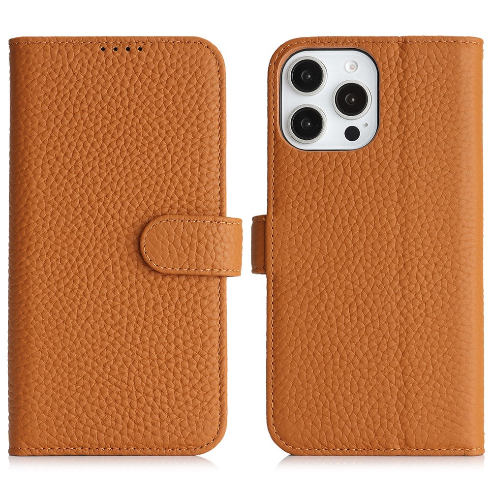 For iPhone 15 Pro Stand Case Litchi Texture Genuine Cow Leather Wallet Phone Cover RFID Blocking