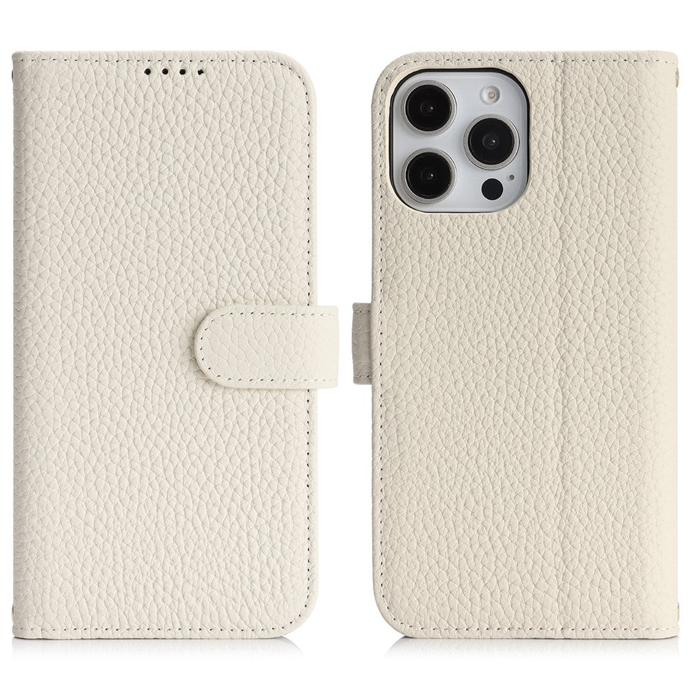 For iPhone 15 Pro Stand Case Litchi Texture Genuine Cow Leather Wallet Phone Cover RFID Blocking