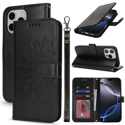 For iPhone 16 Pro Max Stand Case Textured Leather Wallet Phone Cover with Strap