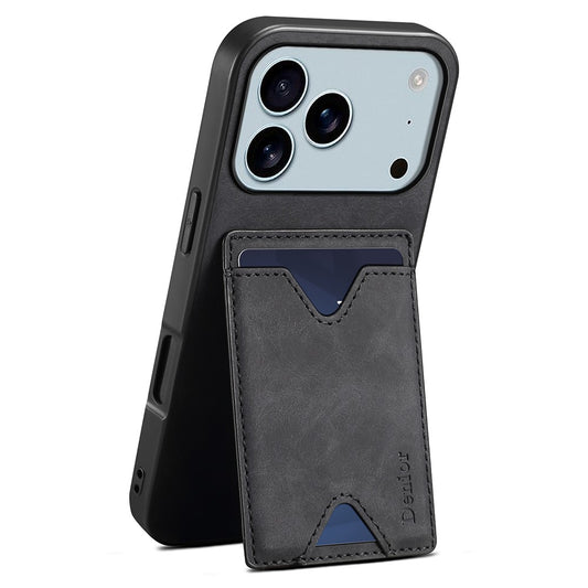 DENIOR For iPhone 17 Pro Case Card Holder Kickstand Leather + PC + TPU Phone Cover