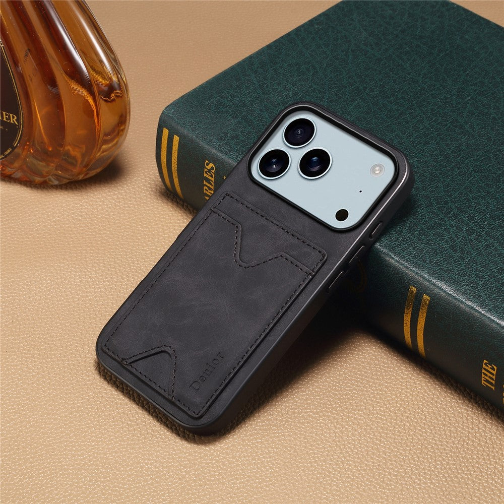 DENIOR For iPhone 17 Pro Case Card Holder Kickstand Leather + PC + TPU Phone Cover