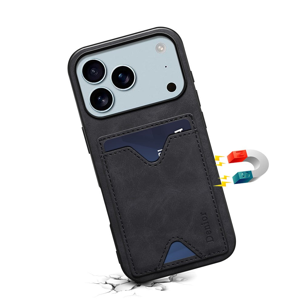 DENIOR For iPhone 17 Pro Max Case Card Holder Kickstand Leather + PC + TPU Phone Cover