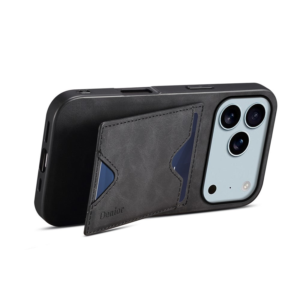 DENIOR For iPhone 17 Pro Max Case Card Holder Kickstand Leather + PC + TPU Phone Cover