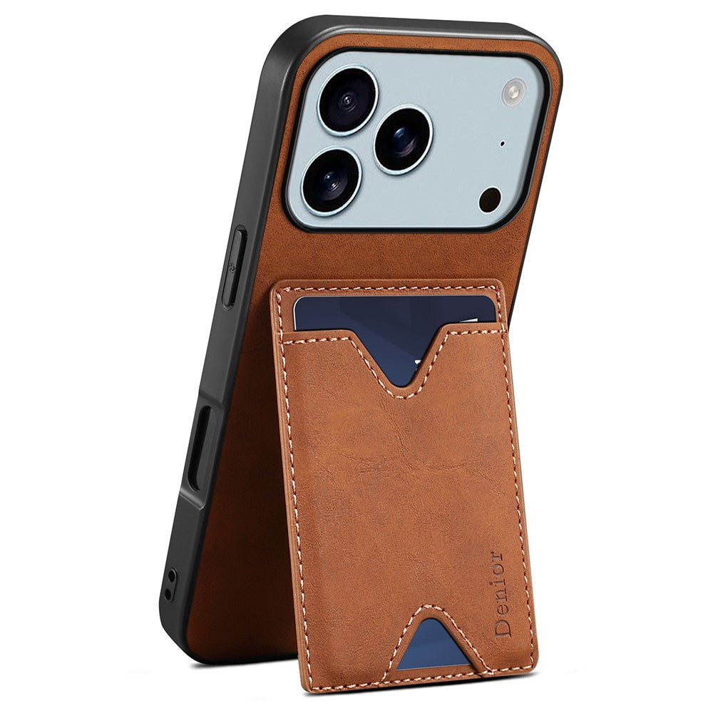 DENIOR For iPhone 17 Pro Max Case Card Holder Kickstand Leather + PC + TPU Phone Cover