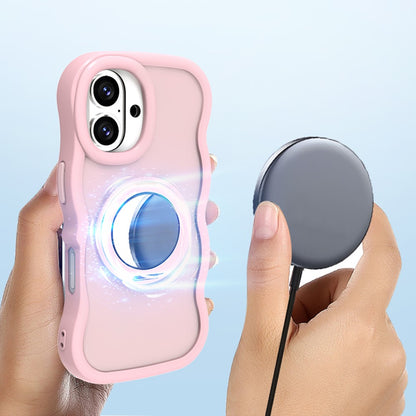 For iPhone 16 Magnetic Case Wave Edge TPU + Acrylic Phone Cover with Mirror Kickstand