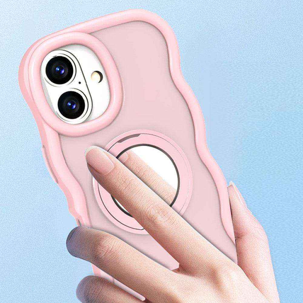 For iPhone 16 Magnetic Case Wave Edge TPU + Acrylic Phone Cover with Mirror Kickstand