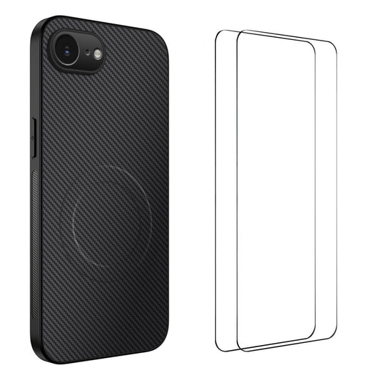 WANLONFENG For iPhone 17e / 16e Magnetic Case  TQ1 Series Carbon Fiber Texture PC TPU Phone Cover with 2Pcs Screen Films