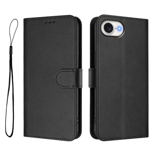 For iPhone 17e / 16e Wallet Case RFID Blocking Calf Texture Leather Stand Phone Cover with Strap