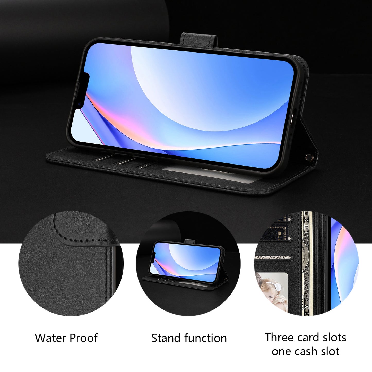For iPhone 17e / 16e Wallet Case RFID Blocking Calf Texture Leather Stand Phone Cover with Strap
