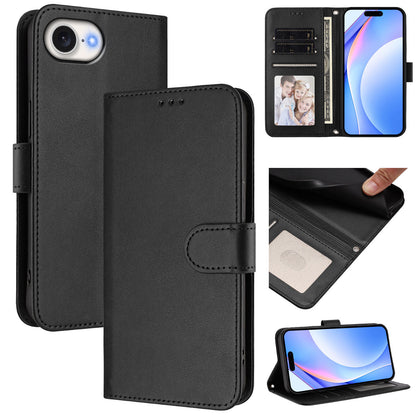 For iPhone 17e / 16e Wallet Case RFID Blocking Calf Texture Leather Stand Phone Cover with Strap
