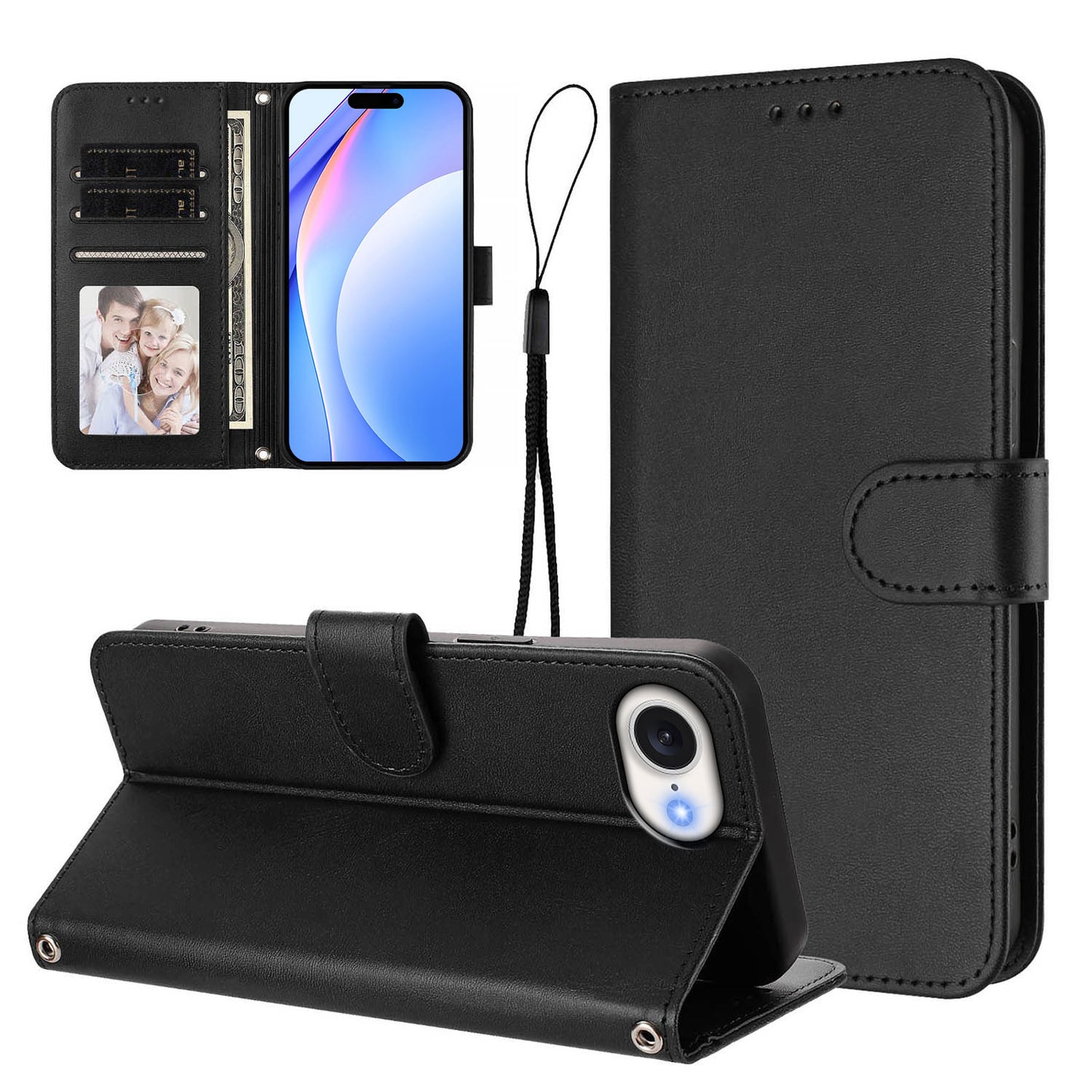 For iPhone 17e / 16e Wallet Case RFID Blocking Calf Texture Leather Stand Phone Cover with Strap