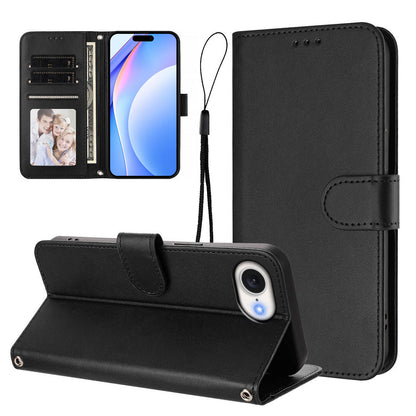 For iPhone 17e / 16e Wallet Case RFID Blocking Calf Texture Leather Stand Phone Cover with Strap