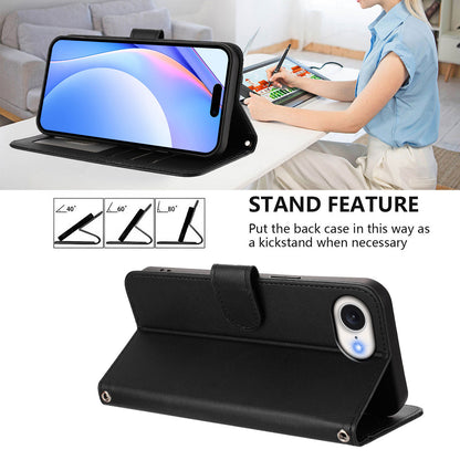 For iPhone 17e / 16e Wallet Case RFID Blocking Calf Texture Leather Stand Phone Cover with Strap