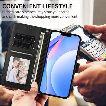 For iPhone 17e / 16e Wallet Case RFID Blocking Calf Texture Leather Stand Phone Cover with Strap