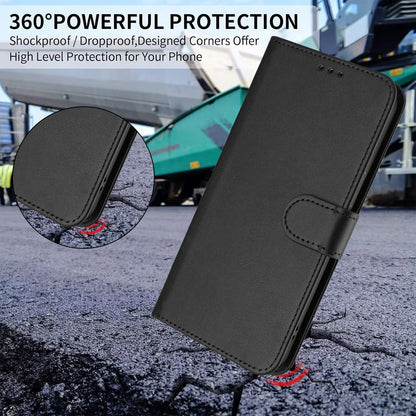 For iPhone 17e / 16e Wallet Case RFID Blocking Calf Texture Leather Stand Phone Cover with Strap