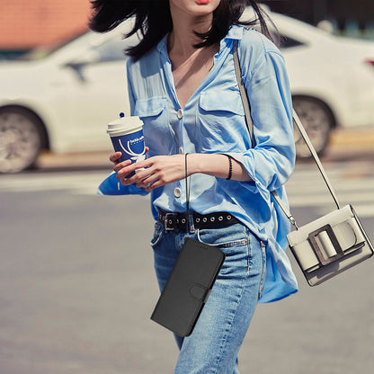 For iPhone 17e / 16e Wallet Case RFID Blocking Calf Texture Leather Stand Phone Cover with Strap