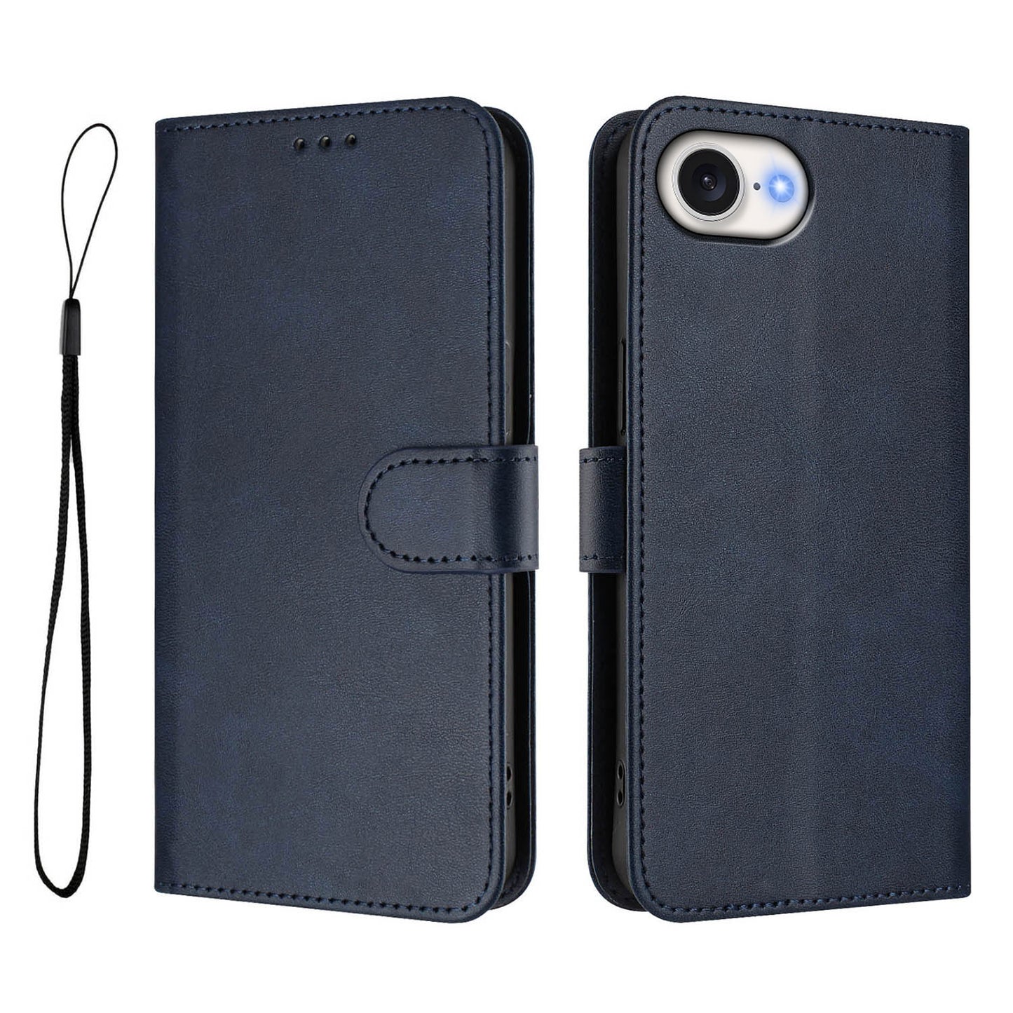 For iPhone 17e / 16e Wallet Case RFID Blocking Calf Texture Leather Stand Phone Cover with Strap