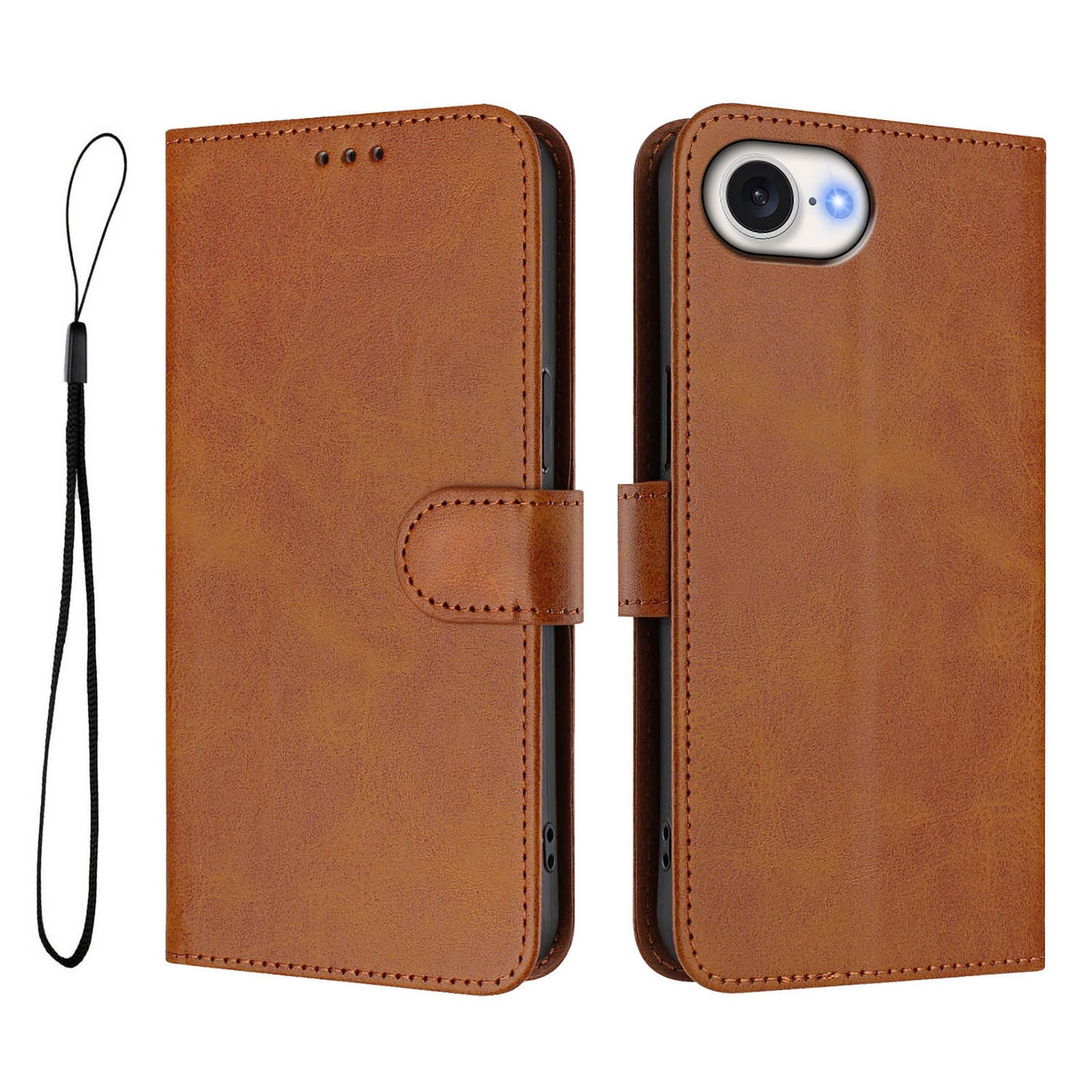 For iPhone 17e / 16e Wallet Case RFID Blocking Calf Texture Leather Stand Phone Cover with Strap