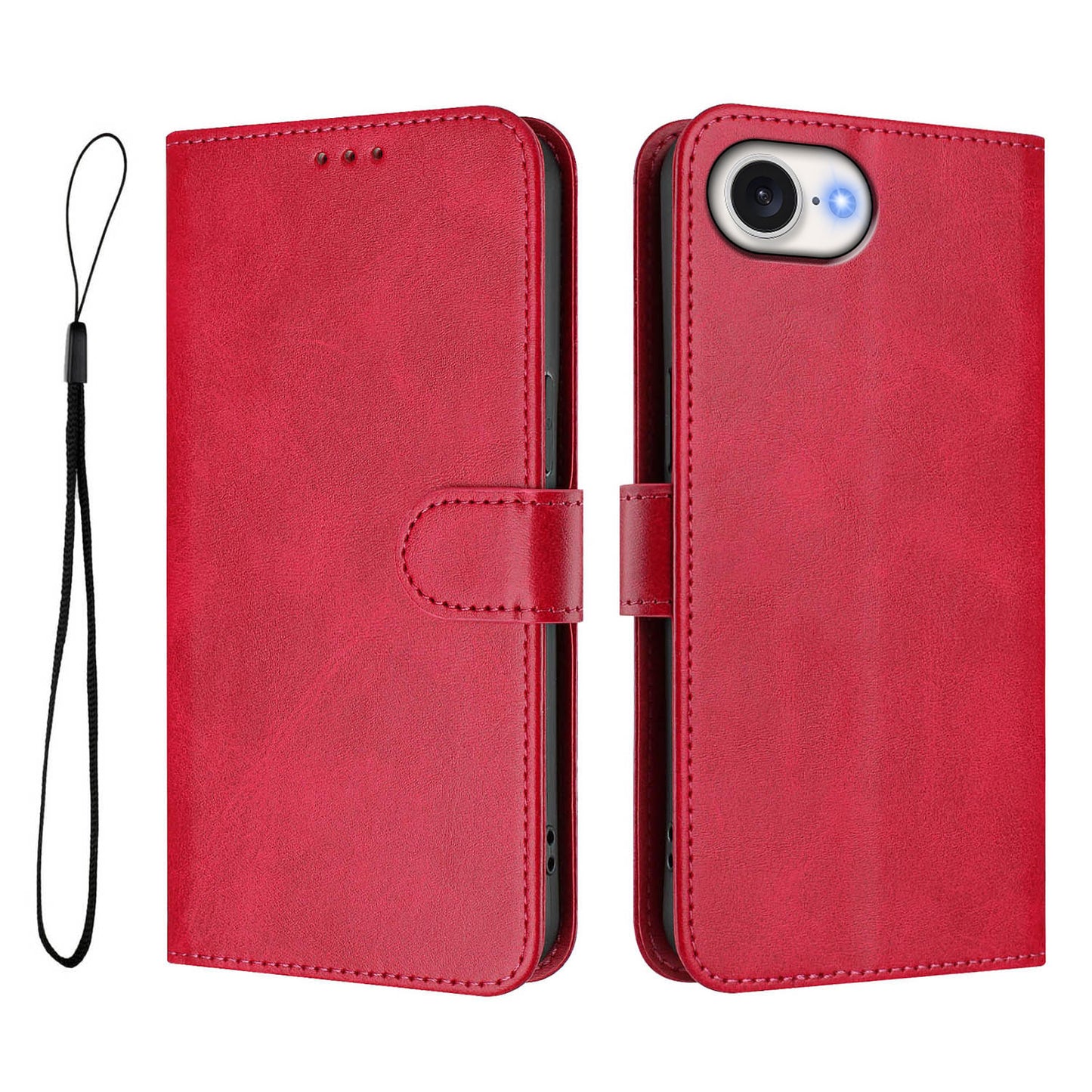 For iPhone 17e / 16e Wallet Case RFID Blocking Calf Texture Leather Stand Phone Cover with Strap