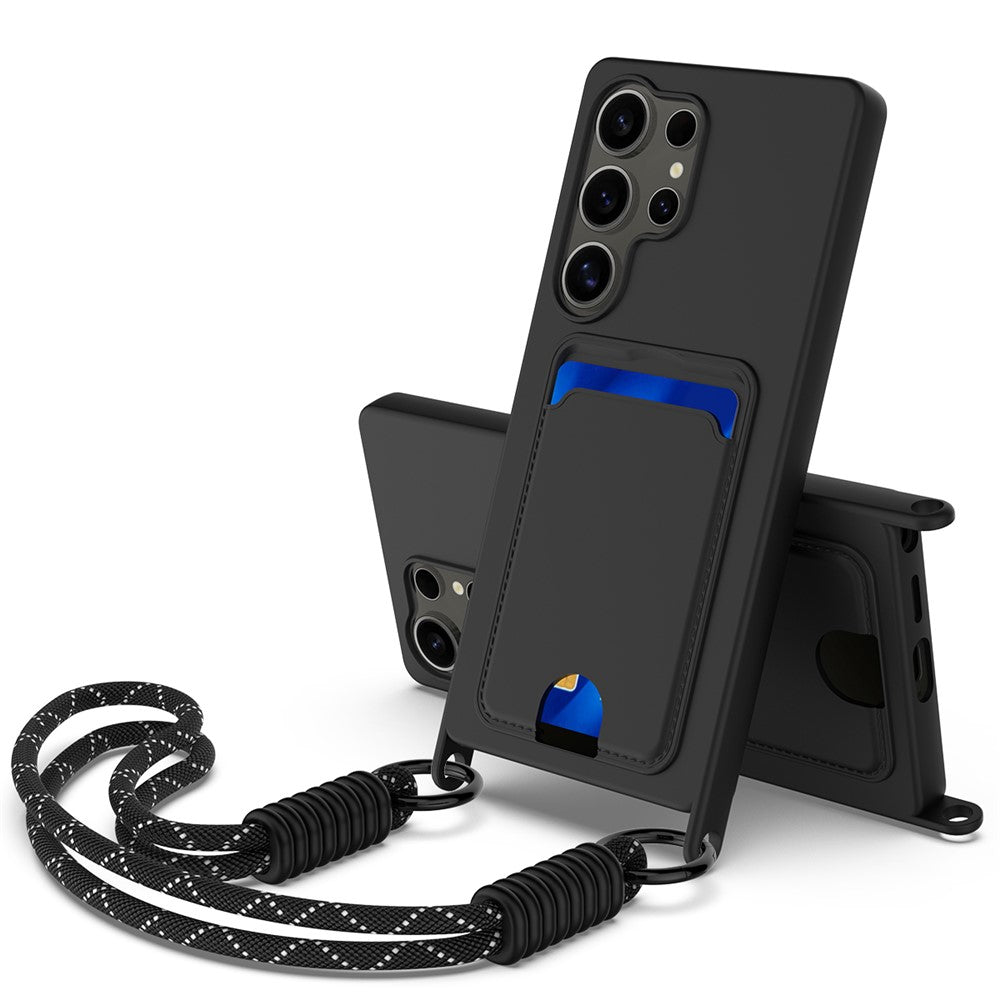 For Samsung Galaxy S25 Ultra Case Liquid Silicone Card Holder Phone Back Cover with Short Strap