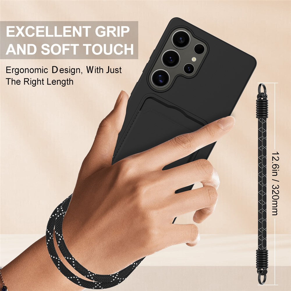 For Samsung Galaxy S25 Ultra Case Liquid Silicone Card Holder Phone Back Cover with Short Strap