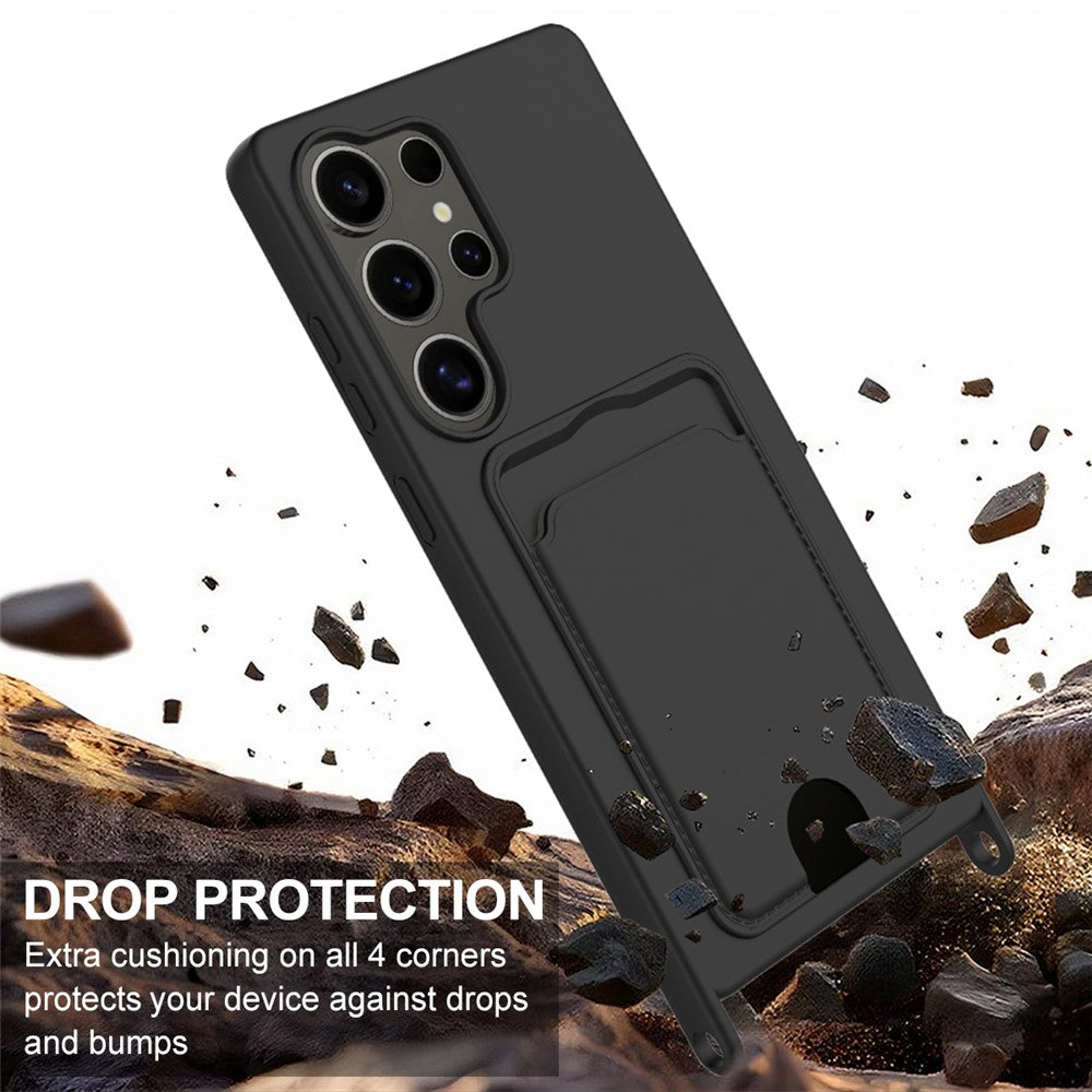 For Samsung Galaxy S25 Ultra Case Liquid Silicone Card Holder Phone Back Cover with Short Strap