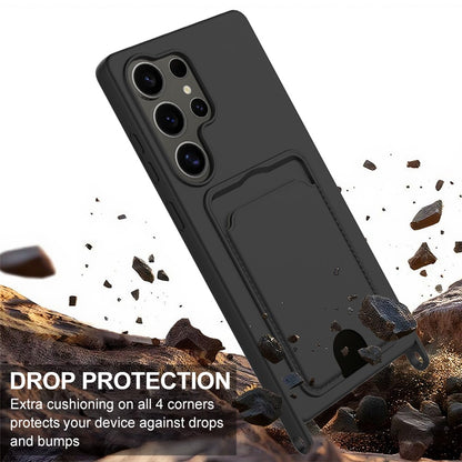 For Samsung Galaxy S25 Ultra Case Liquid Silicone Card Holder Phone Back Cover with Short Strap