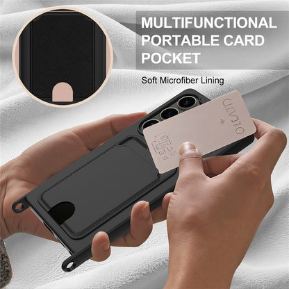 For Samsung Galaxy S25 Ultra Case Liquid Silicone Card Holder Phone Back Cover with Short Strap