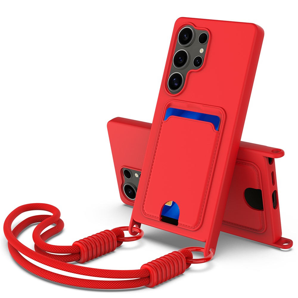 For Samsung Galaxy S25 Ultra Case Liquid Silicone Card Holder Phone Back Cover with Short Strap