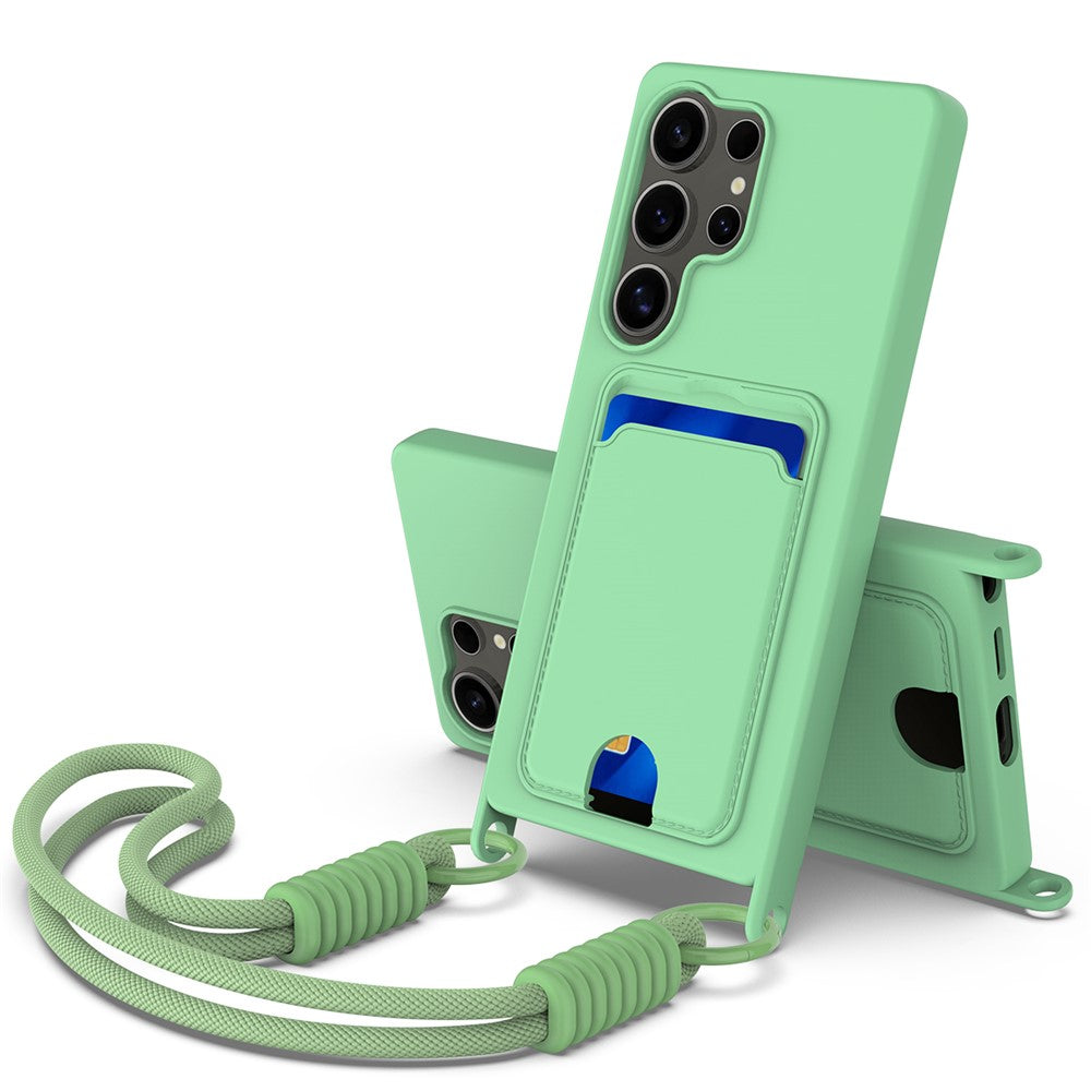 For Samsung Galaxy S25 Ultra Case Liquid Silicone Card Holder Phone Back Cover with Short Strap