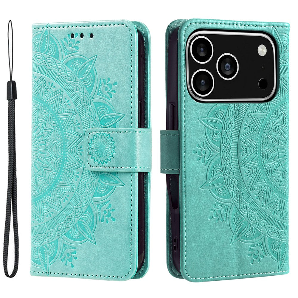For iPhone 17 Pro Stand Case Imprinted Totem PU Leather Wallet Phone Cover with Wrist Strap