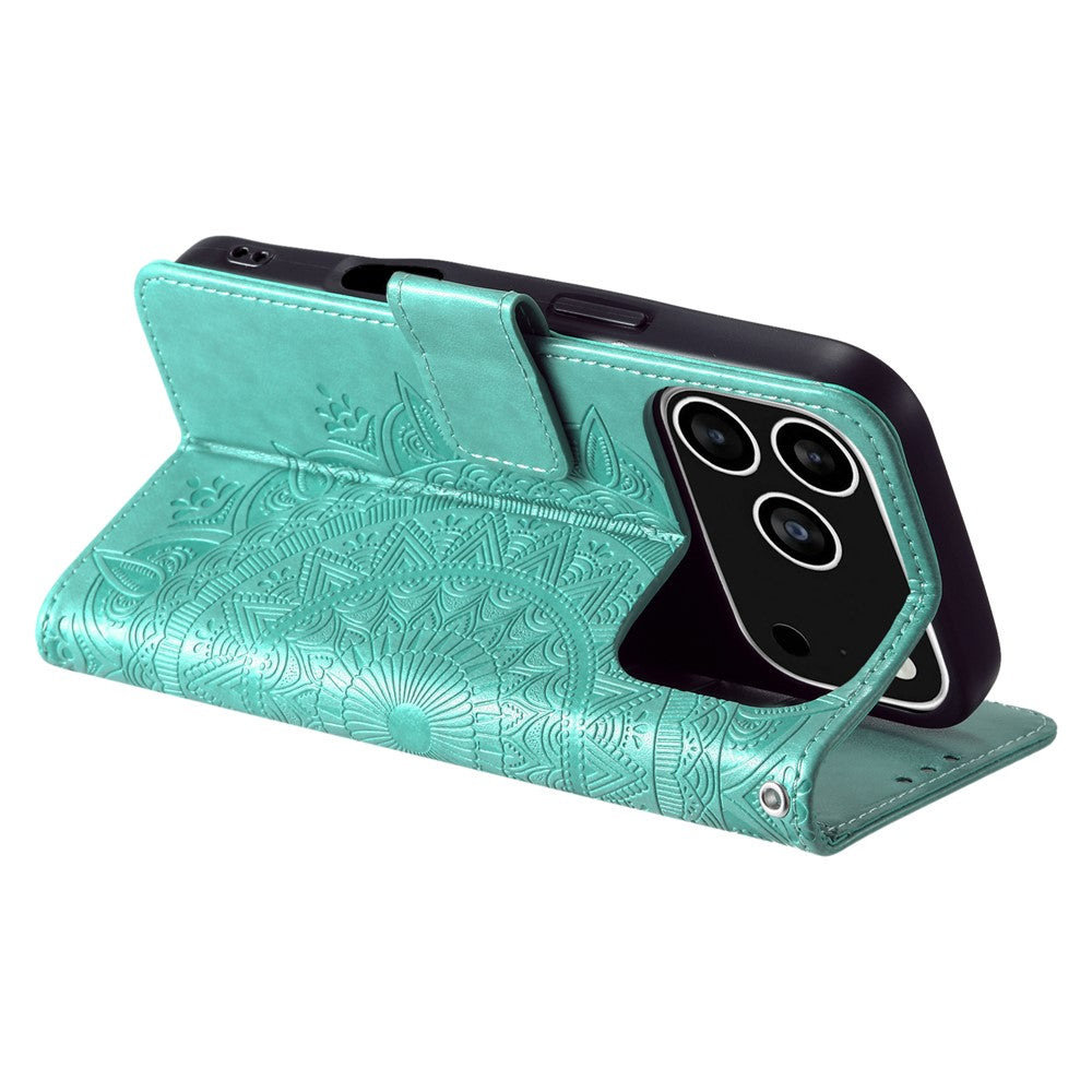 For iPhone 17 Pro Stand Case Imprinted Totem PU Leather Wallet Phone Cover with Wrist Strap