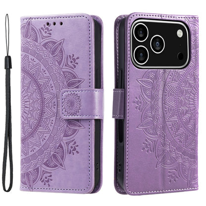 For iPhone 17 Pro Stand Case Imprinted Totem PU Leather Wallet Phone Cover with Wrist Strap