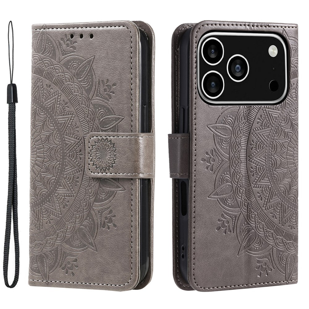 For iPhone 17 Pro Stand Case Imprinted Totem PU Leather Wallet Phone Cover with Wrist Strap