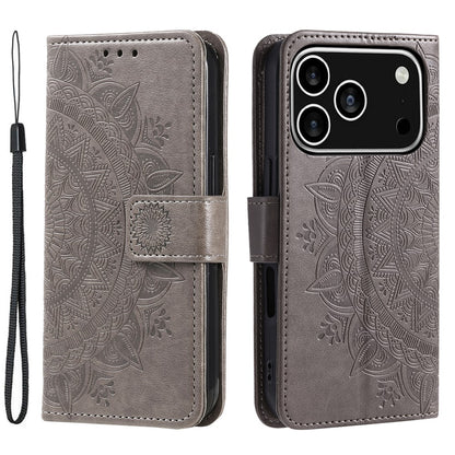 For iPhone 17 Pro Stand Case Imprinted Totem PU Leather Wallet Phone Cover with Wrist Strap