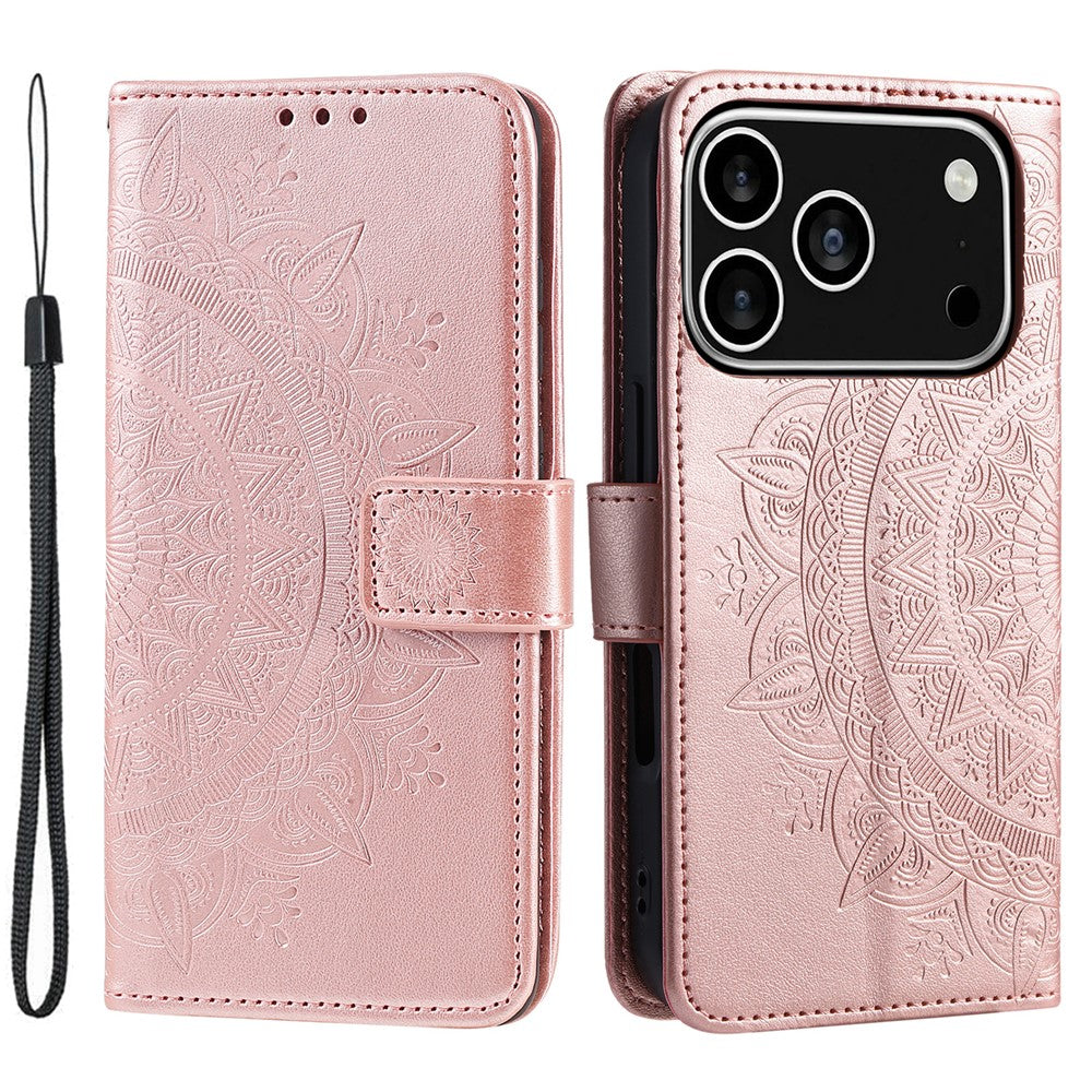 For iPhone 17 Pro Stand Case Imprinted Totem PU Leather Wallet Phone Cover with Wrist Strap