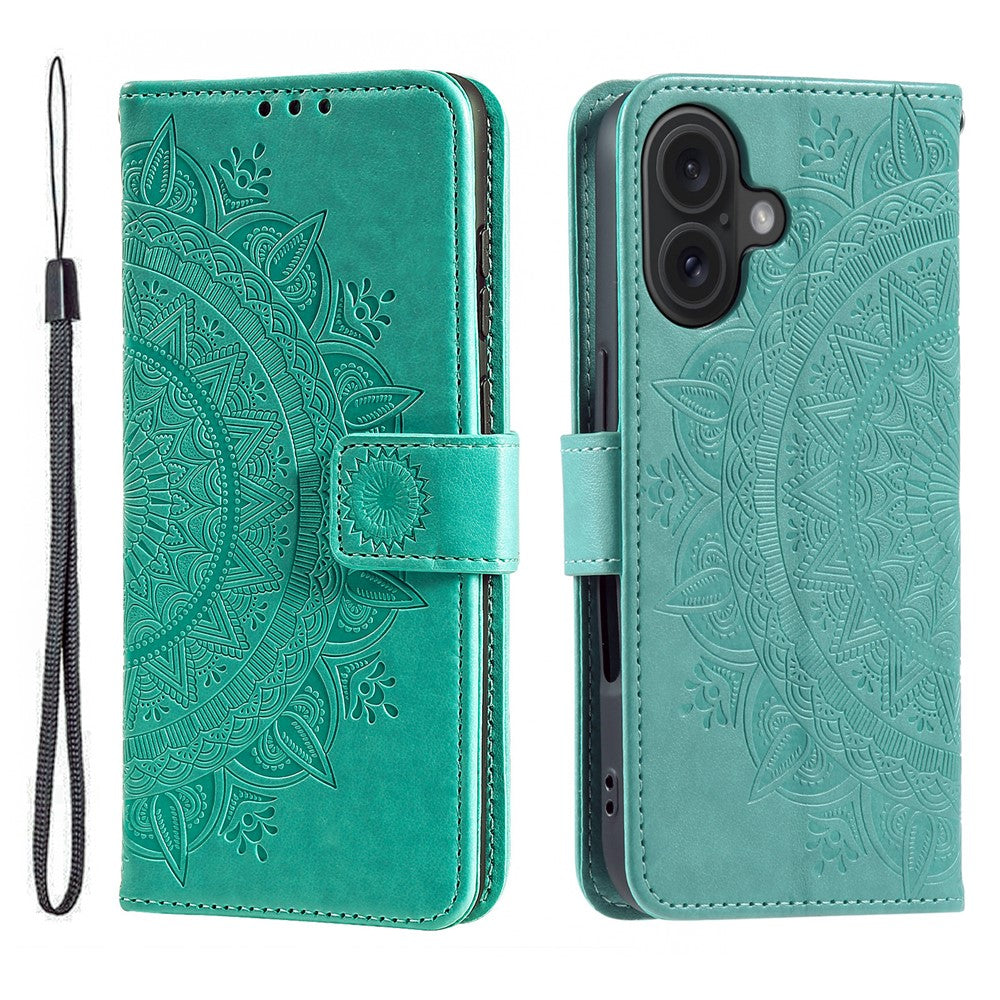 For iPhone 17 Stand Case Imprinted Totem PU Leather Wallet Phone Cover with Wrist Strap