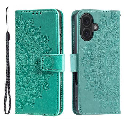 For iPhone 17 Stand Case Imprinted Totem PU Leather Wallet Phone Cover with Wrist Strap