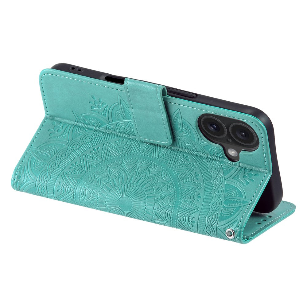 For iPhone 17 Stand Case Imprinted Totem PU Leather Wallet Phone Cover with Wrist Strap