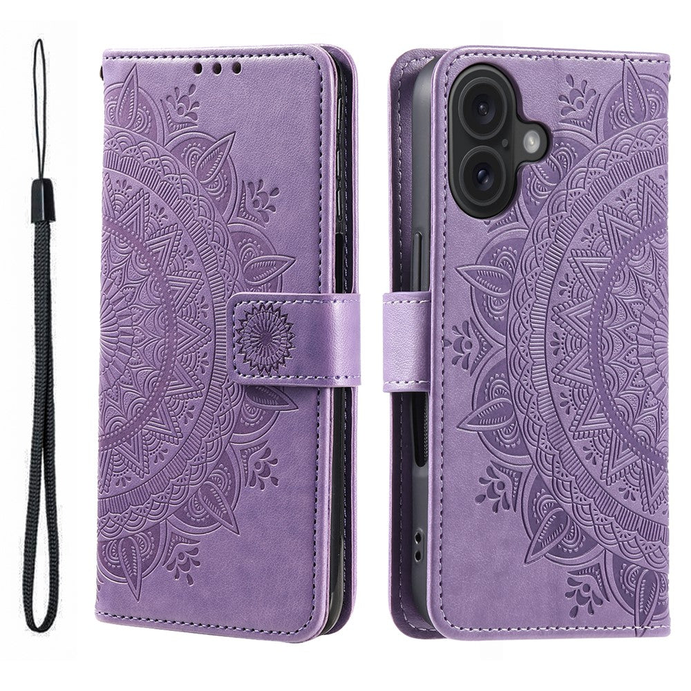For iPhone 17 Stand Case Imprinted Totem PU Leather Wallet Phone Cover with Wrist Strap
