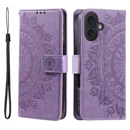 For iPhone 17 Stand Case Imprinted Totem PU Leather Wallet Phone Cover with Wrist Strap