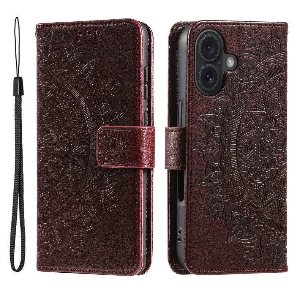 For iPhone 17 Stand Case Imprinted Totem PU Leather Wallet Phone Cover with Wrist Strap