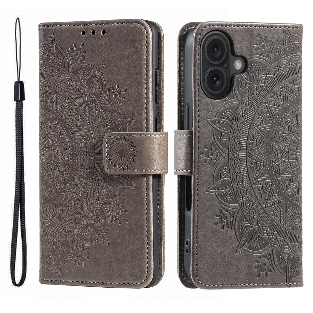 For iPhone 17 Stand Case Imprinted Totem PU Leather Wallet Phone Cover with Wrist Strap