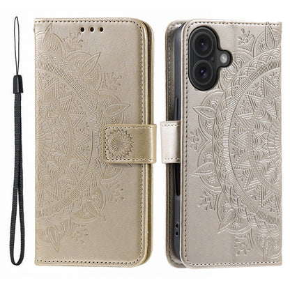 For iPhone 17 Stand Case Imprinted Totem PU Leather Wallet Phone Cover with Wrist Strap