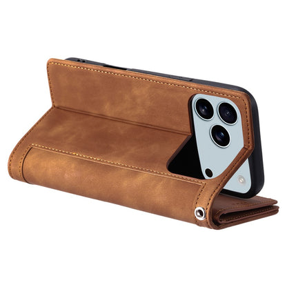 For iPhone 17 Pro Max Case 9 Card Slots Zipper Wallet PU Leather Phone Cover with Wrist Strap