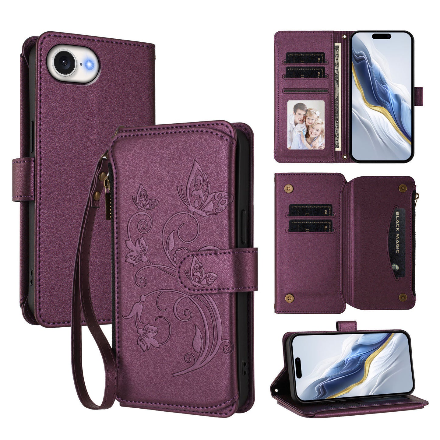 For iPhone 17e / 16e Leather Case Butterfly Floral Imprint Zipper Wallet Stand Cover with Wrist Strap