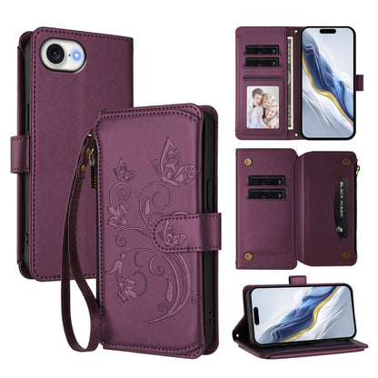 For iPhone 17e / 16e Leather Case Butterfly Floral Imprint Zipper Wallet Stand Cover with Wrist Strap