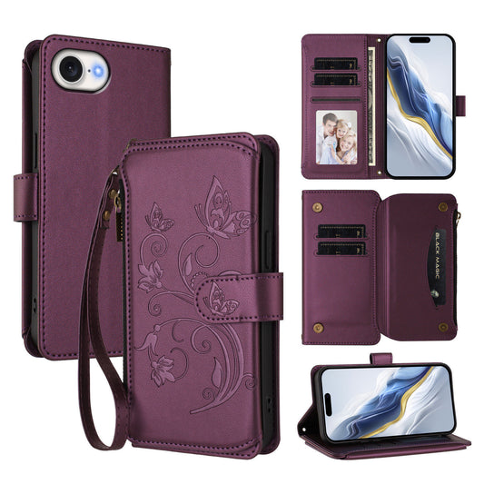 For iPhone 17e / 16e Leather Case Butterfly Floral Imprint Zipper Wallet Stand Cover with Wrist Strap